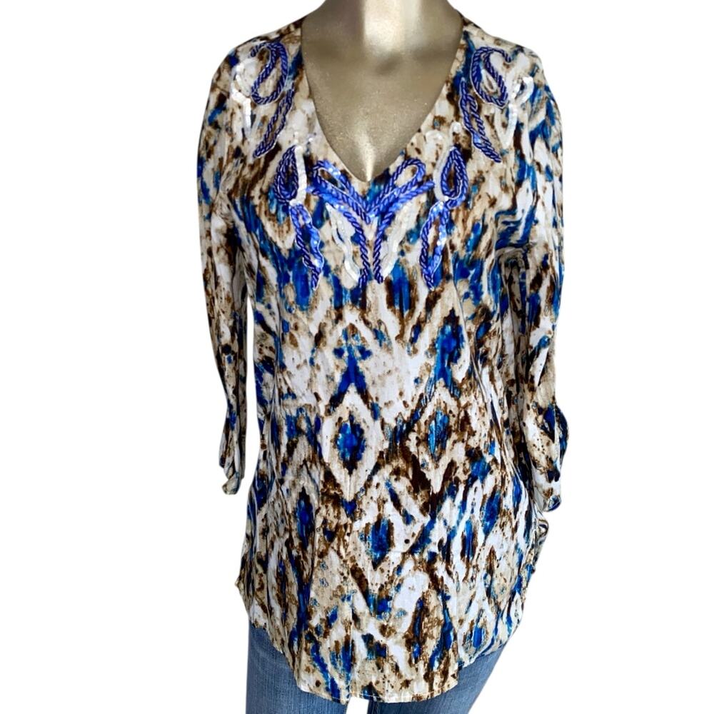 Chico's Size 1 Medium 3/4 Sleeve Blouse Tunic Top Multi Sequined Classic Preppy
